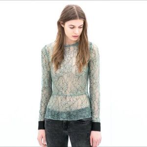 Zara Sheer Floral Lace Top In Mint Green